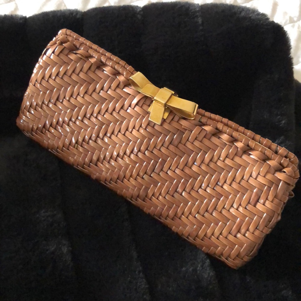 VINTAGE 50s Rattan wicker clutch purse gold brown